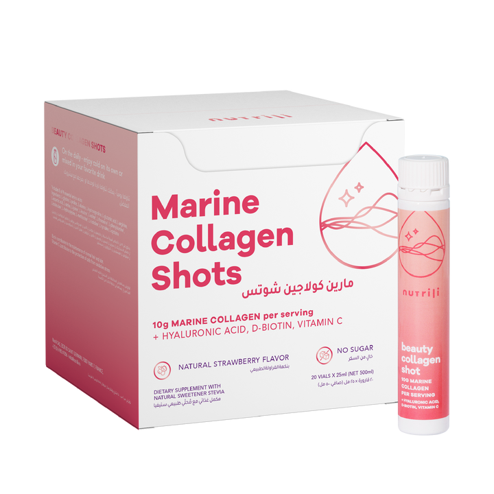 Marine Collagen Shots packaging with a single shot on a white background