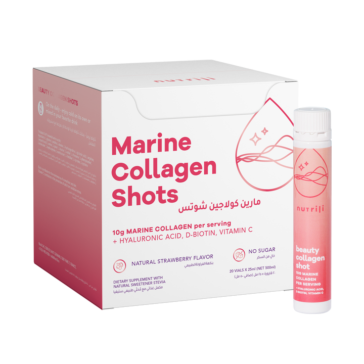 Marine Collagen Shots packaging with a single shot on a white background