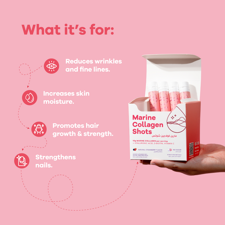 Box of beauty collagen shots with benefits listed on a pink background