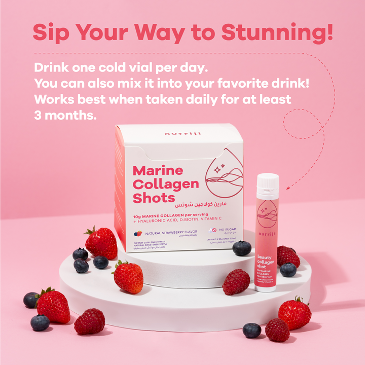 Marine Collagen Shots packaging with berries on a pink background