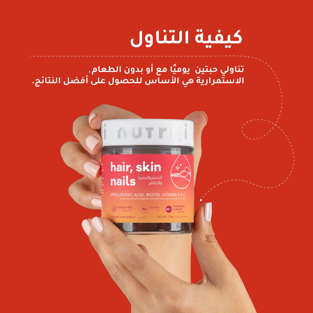Hand holding a supplement container with text on how to use it against a red background