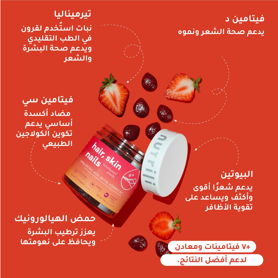 Supplement bottle with vitamins and their benefits on a red background