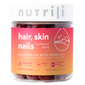 Jar of Nutrili hair, skin, nails supplements with a pink label on a white background