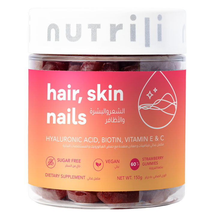 Jar of Nutrili hair, skin, nails supplements with a pink label on a white background