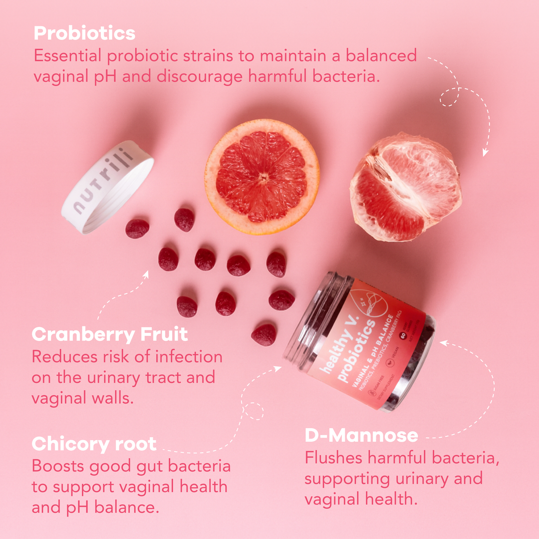 Nutrili women’s digestive probiotic with packaging to maintain a balanced vaginal pH and discourage harmful bacteria.